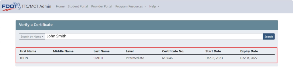 TTC Administrator Certificate Search Result